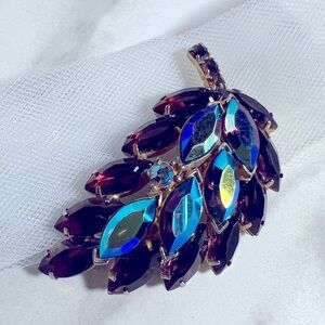 Vintage blue and purple feather brooch